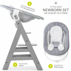 Alpha Plus Grey Newborn Set - 3-tlg. Hochstuhl + Neugeboreneneinsatz & Wippe Stretch Grey