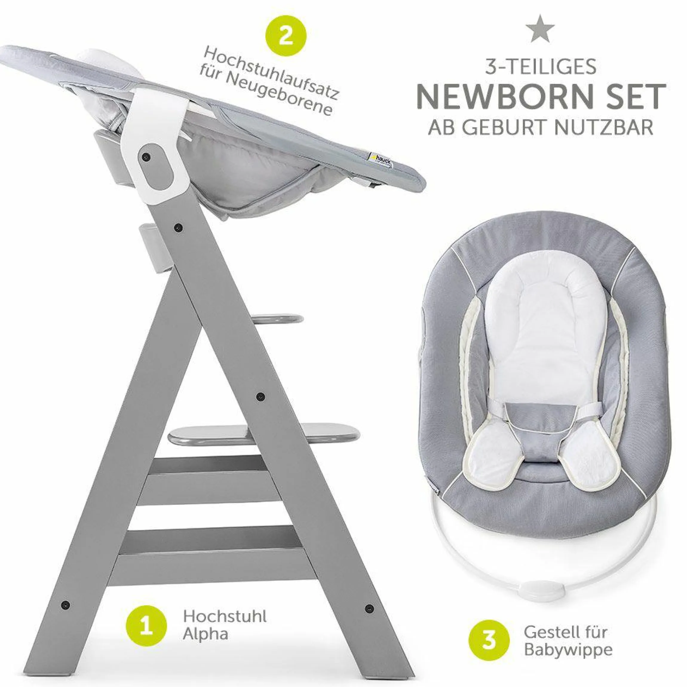 Alpha Plus Grey Newborn Set - 3-tlg. Hochstuhl + Neugeboreneneinsatz & Wippe Stretch Grey