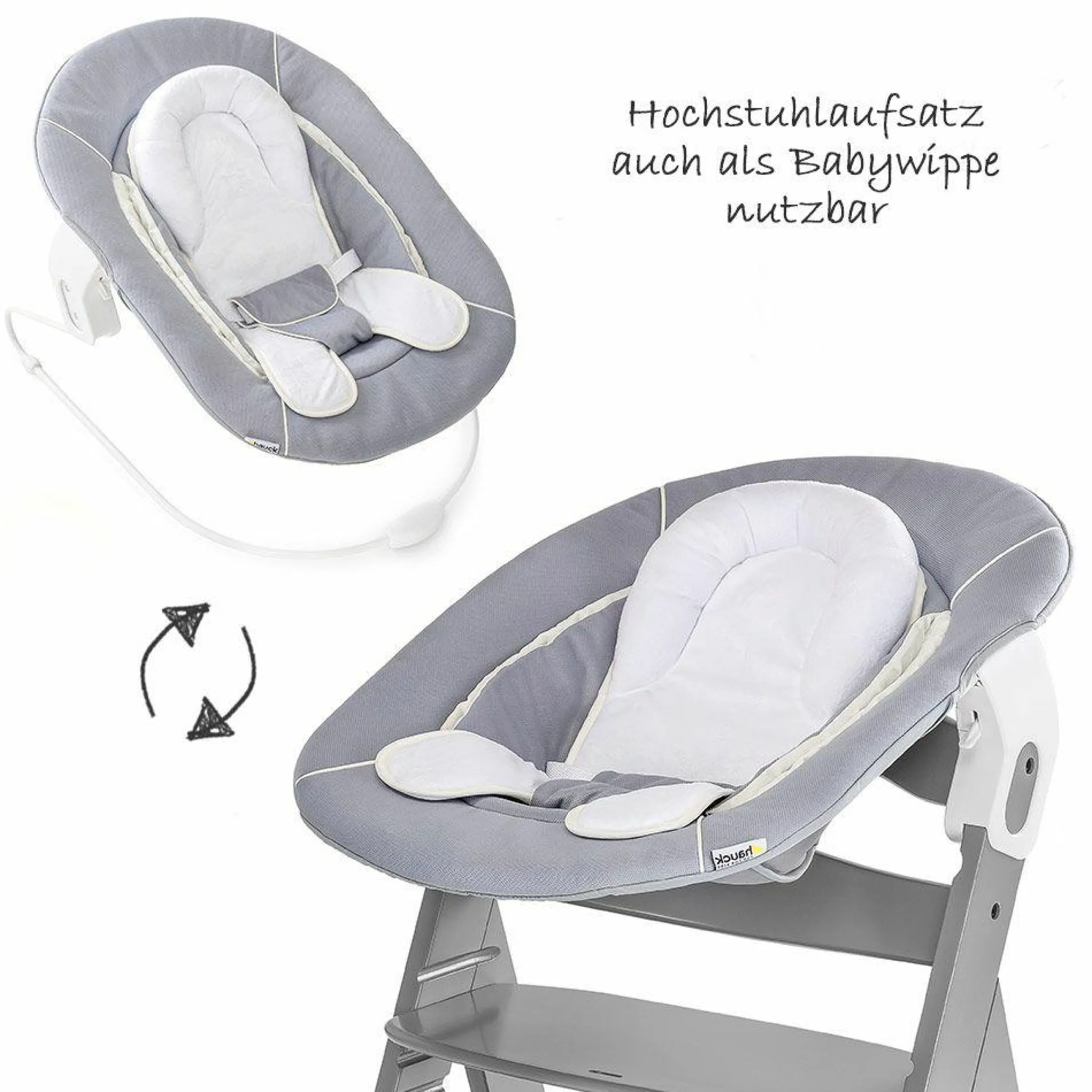 Alpha Plus Grey Newborn Set - 3-tlg. Hochstuhl + Neugeboreneneinsatz & Wippe Stretch Grey