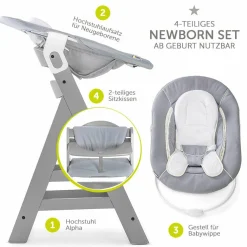 Alpha Plus Grey Newborn Set - 4-tlg. Hochstuhl + Neugeborenenaufsatz & Wippe Stretch Grey + Sitzkissen