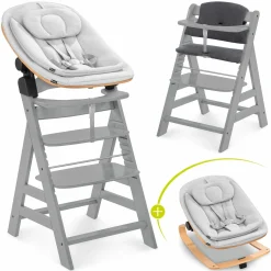 Alpha Plus Grey 4-tlg. Newborn Set Eco - Hochstuhl + 2in1 Babyaufsatz & Wippe + Sitzkissen - Light Grey / Charcoal