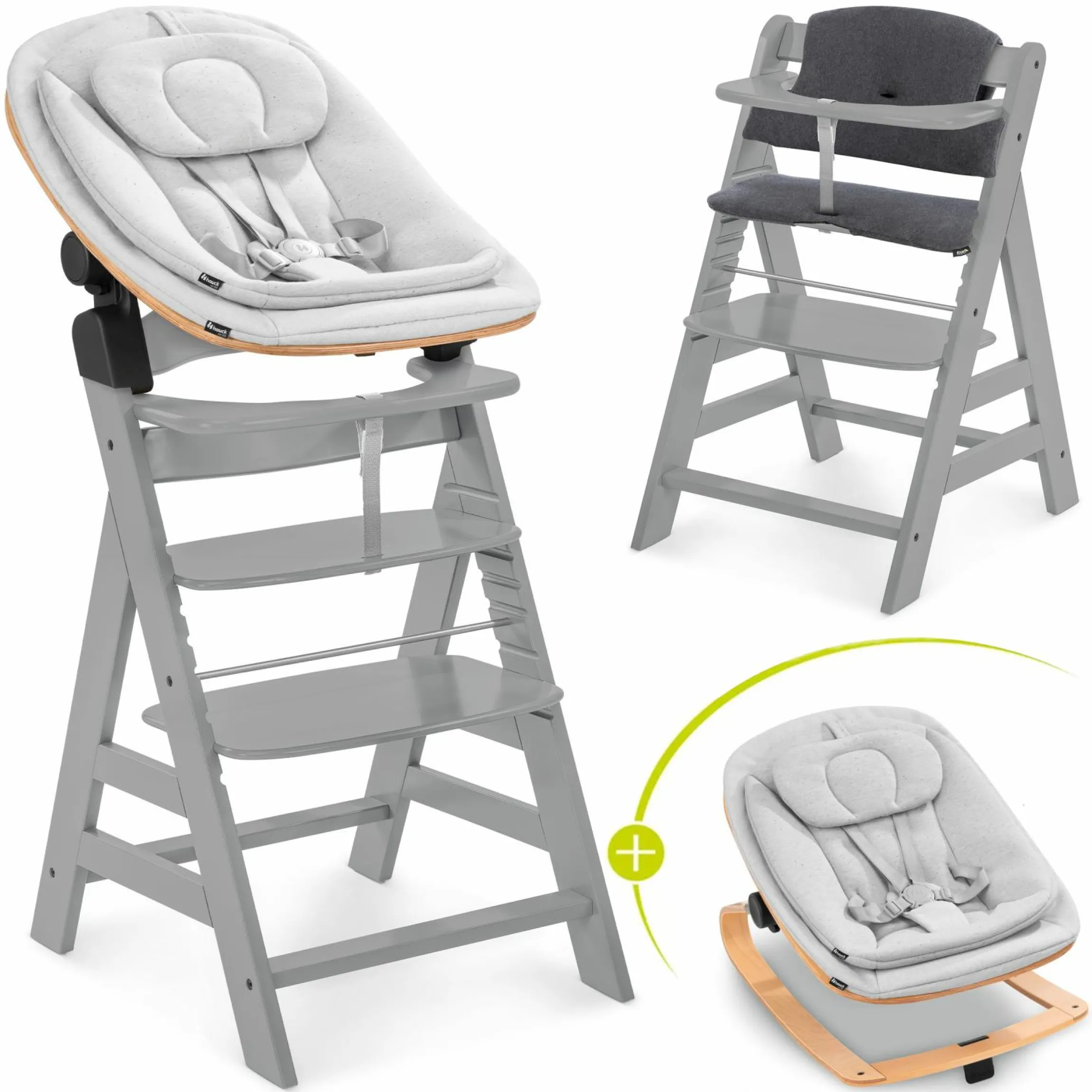 Alpha Plus Grey 4-tlg. Newborn Set Eco - Hochstuhl + 2in1 Babyaufsatz & Wippe + Sitzkissen - Light Grey / Charcoal
