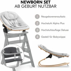 Alpha Plus Grey 4-tlg. Newborn Set Eco - Hochstuhl + 2in1 Babyaufsatz & Wippe + Sitzkissen - Light Grey / Charcoal