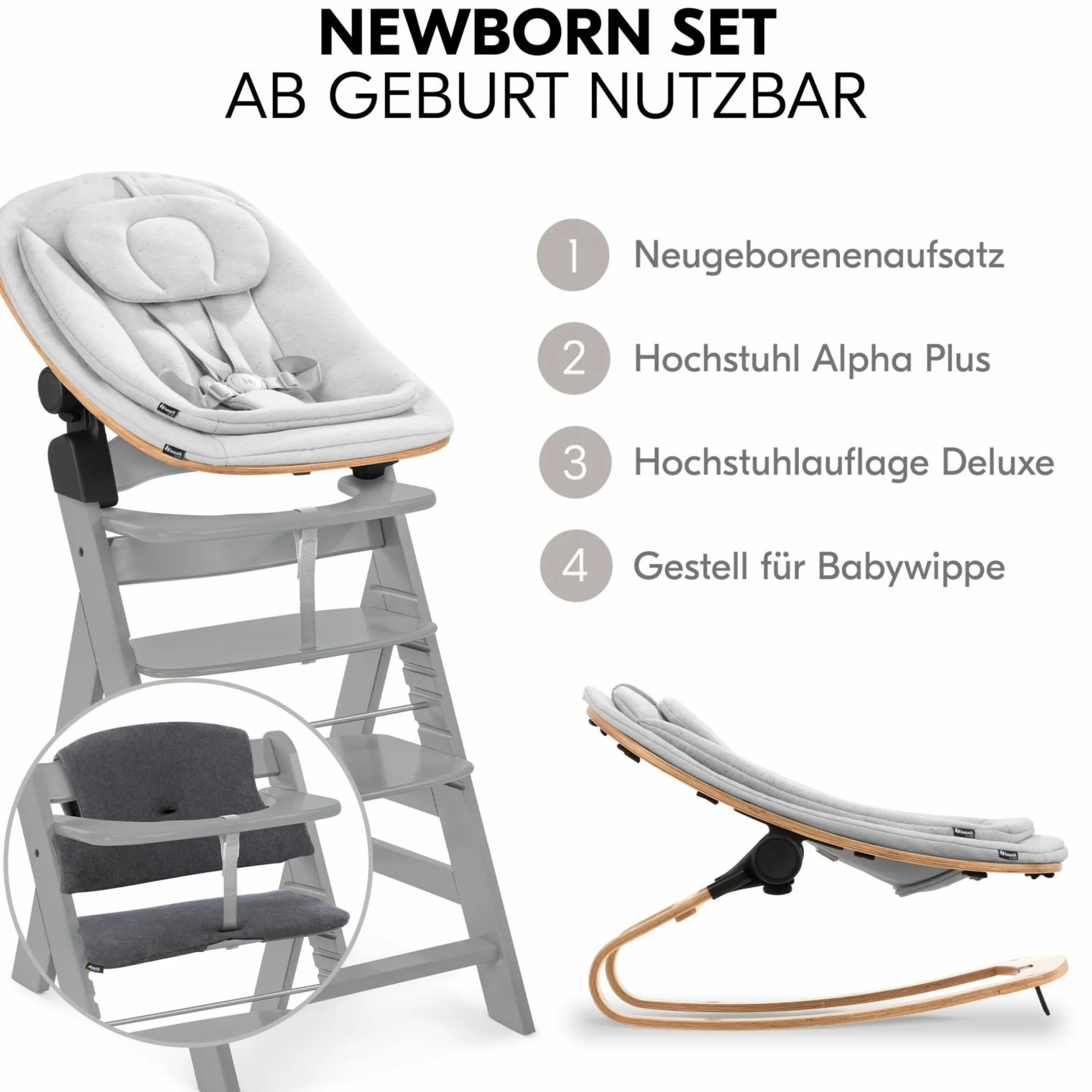 Alpha Plus Grey 4-tlg. Newborn Set Eco - Hochstuhl + 2in1 Babyaufsatz & Wippe + Sitzkissen - Light Grey / Charcoal