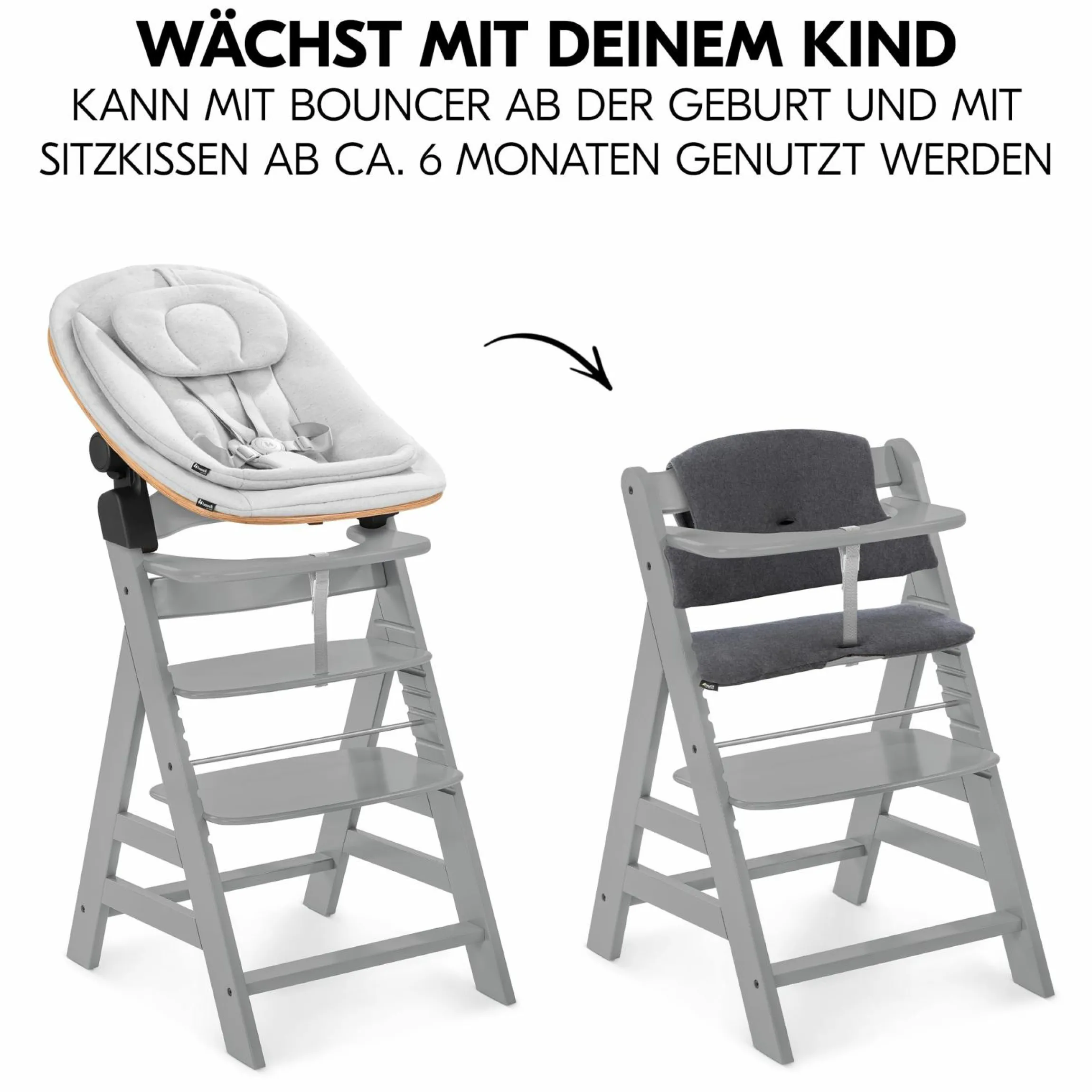 Alpha Plus Grey 4-tlg. Newborn Set Eco - Hochstuhl + 2in1 Babyaufsatz & Wippe + Sitzkissen - Light Grey / Charcoal