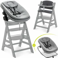 Alpha Plus Grey 4-tlg. Newborn Set - Hochstuhl + 2in1 Babyaufsatz & Wippe + Sitzkissen - Dark Grey Melange