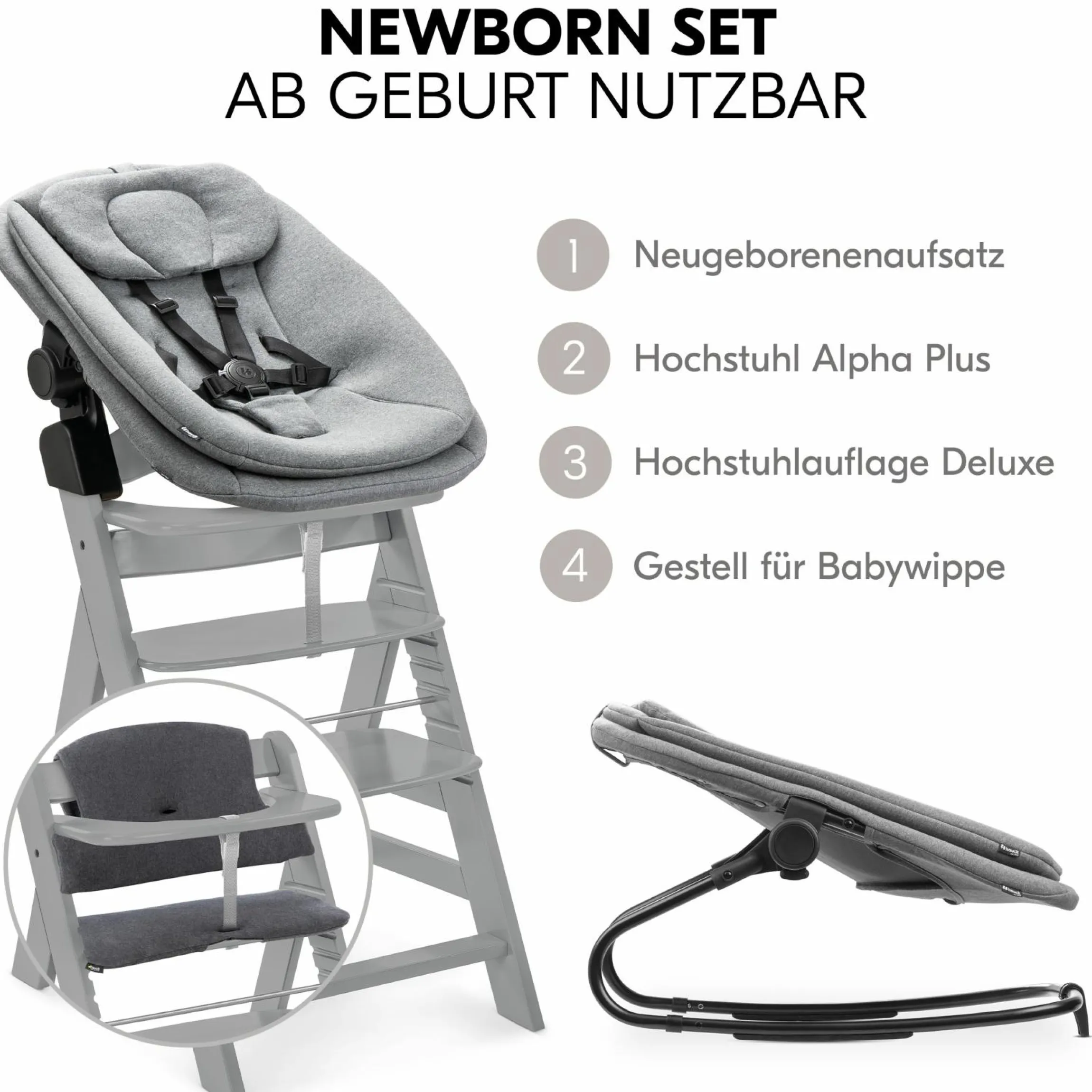Alpha Plus Grey 4-tlg. Newborn Set - Hochstuhl + 2in1 Babyaufsatz & Wippe + Sitzkissen - Dark Grey Melange