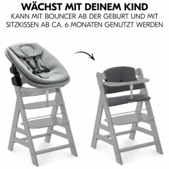 Alpha Plus Grey 4-tlg. Newborn Set - Hochstuhl + 2in1 Babyaufsatz & Wippe + Sitzkissen - Dark Grey Melange