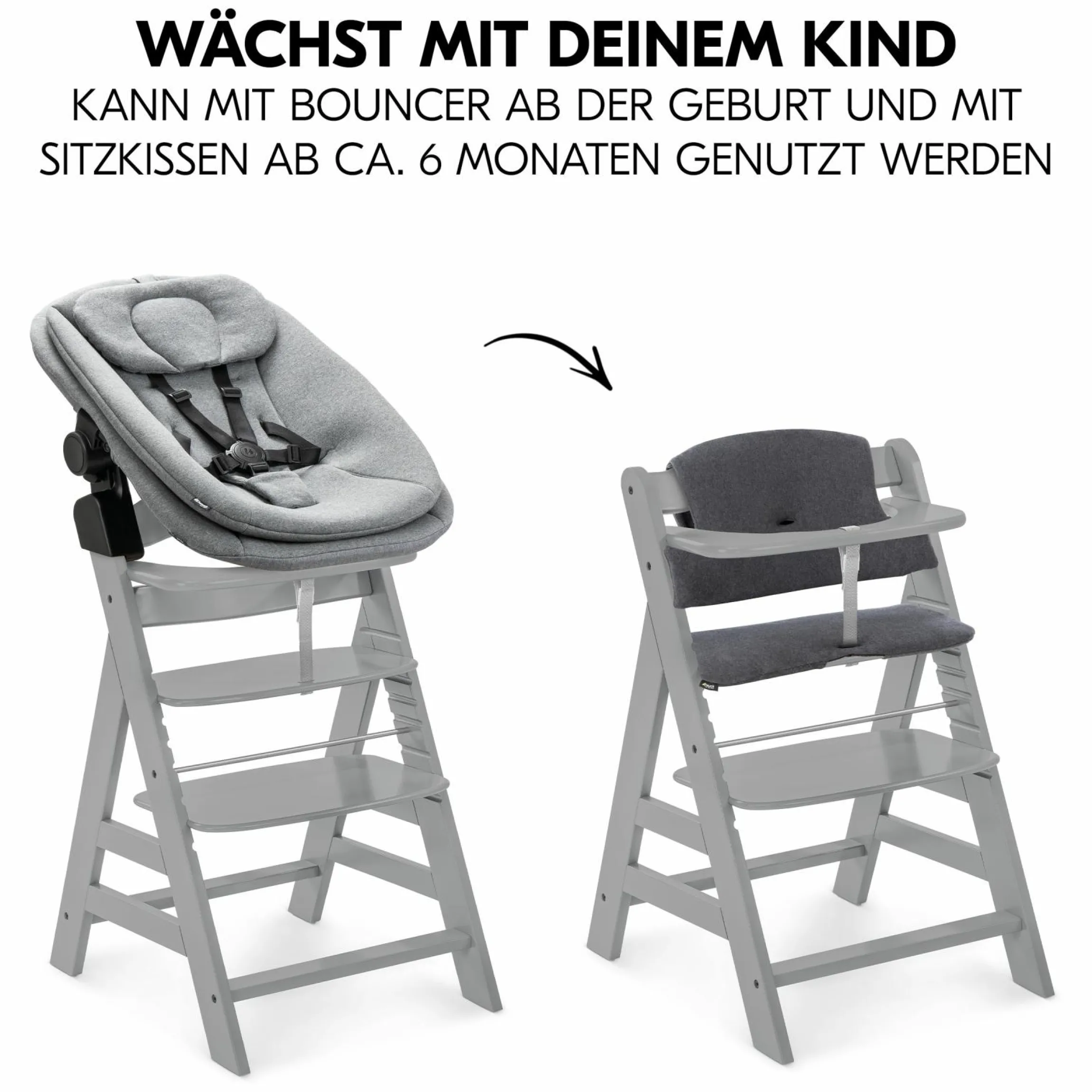 Alpha Plus Grey 4-tlg. Newborn Set - Hochstuhl + 2in1 Babyaufsatz & Wippe + Sitzkissen - Dark Grey Melange