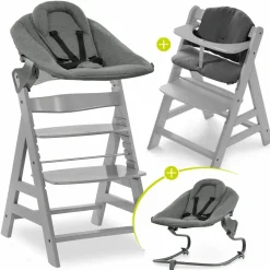Alpha Plus Grey 4-tlg. Newborn Set - Hochstuhl + 2in1 Neugeborenen-Aufsatz & Wippe + Hochstuhlauflage - Jersey Charcoal