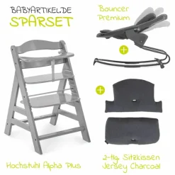 Alpha Plus Grey 4-tlg. Newborn Set - Hochstuhl + 2in1 Neugeborenen-Aufsatz & Wippe + Hochstuhlauflage - Jersey Charcoal