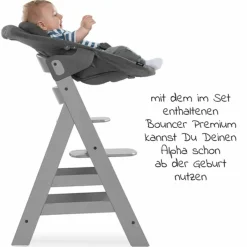 Alpha Plus Grey 4-tlg. Newborn Set - Hochstuhl + 2in1 Neugeborenen-Aufsatz & Wippe + Hochstuhlauflage - Jersey Charcoal