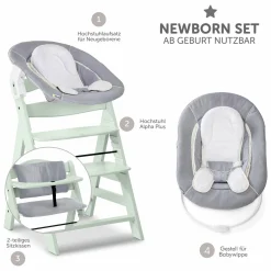 Alpha Plus Mint 4-tlg. Newborn Set - Hochstuhl + 2in1 Babyaufsatz & Wippe + Sitzkissen - Stretch Grey