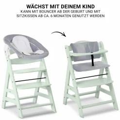 Alpha Plus Mint 4-tlg. Newborn Set - Hochstuhl + 2in1 Babyaufsatz & Wippe + Sitzkissen - Stretch Grey