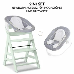 Alpha Plus Mint 4-tlg. Newborn Set - Hochstuhl + 2in1 Babyaufsatz & Wippe + Sitzkissen - Stretch Grey
