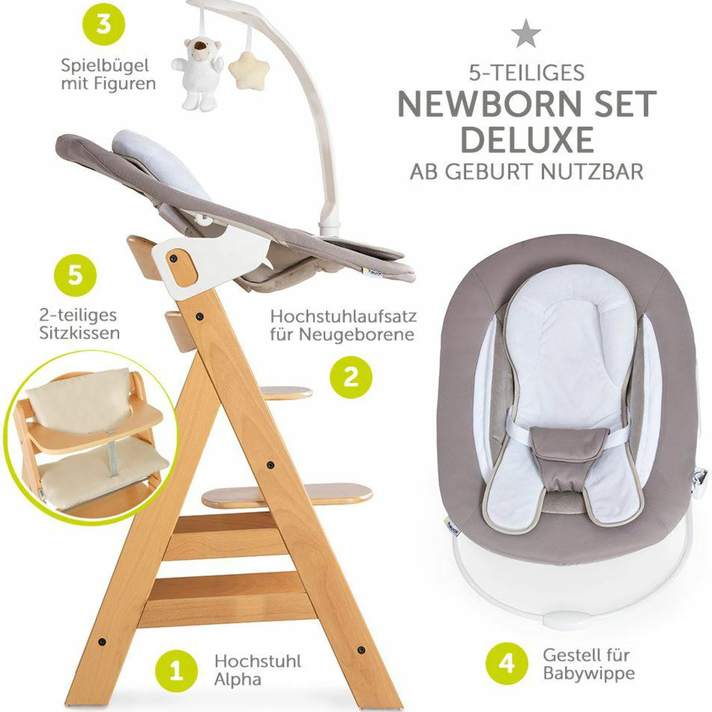 Alpha Plus Natur Newborn Set Deluxe - 4-tlg. Hochstuhl + 2in1 Neugeboreneneinsatz (verstellbar) + Sitzpolster