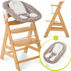 Alpha Plus Natur Newborn Set - 3-tlg. Hochstuhl + Neugeboreneneinsatz & Wippe Stretch Beige