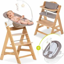 Alpha Plus Natur Newborn Set Deluxe - 4-tlg. Hochstuhl + Neugeborenenaufsatz (Rückenlehne verstellbar) + Sitzkissen