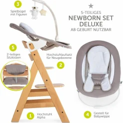 Alpha Plus Natur Newborn Set Deluxe - 4-tlg. Hochstuhl + Neugeborenenaufsatz (Rückenlehne verstellbar) + Sitzkissen