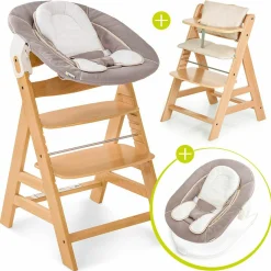 Alpha Plus Natur Newborn Set - 4-tlg. Hochstuhl + Neugeboreneneinsatz & Wippe Stretch Beige + Sitzpolster