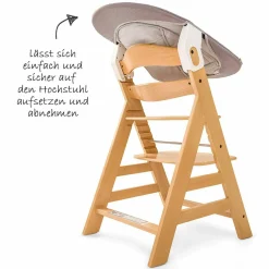 Alpha Plus Natur Newborn Set - 4-tlg. Hochstuhl + Neugeboreneneinsatz & Wippe Stretch Beige + Sitzpolster