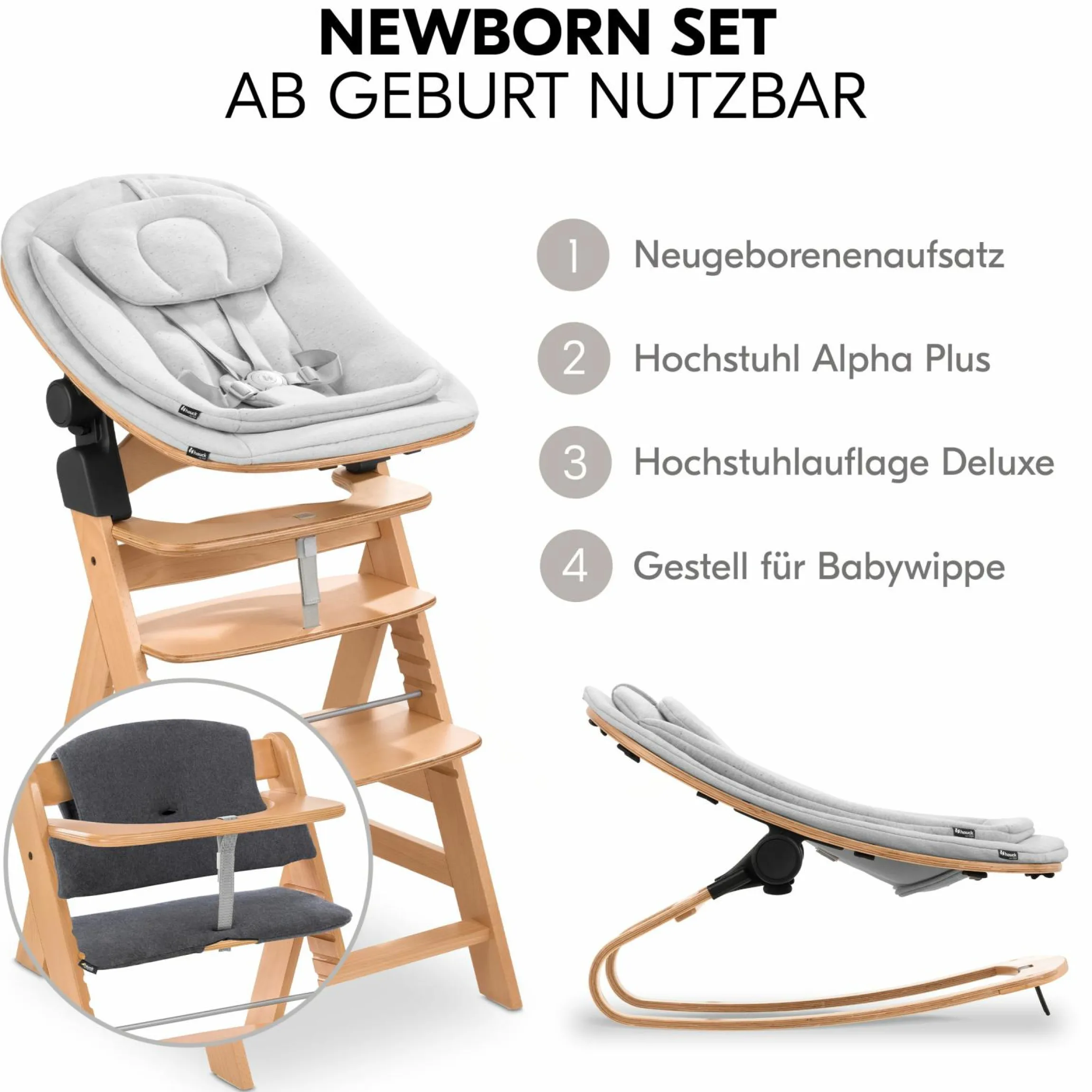 Alpha Plus Natur 4-tlg. Newborn Set Eco - Hochstuhl + 2in1 Babyaufsatz & Wippe + Sitzkissen - Light Grey / Charcoal