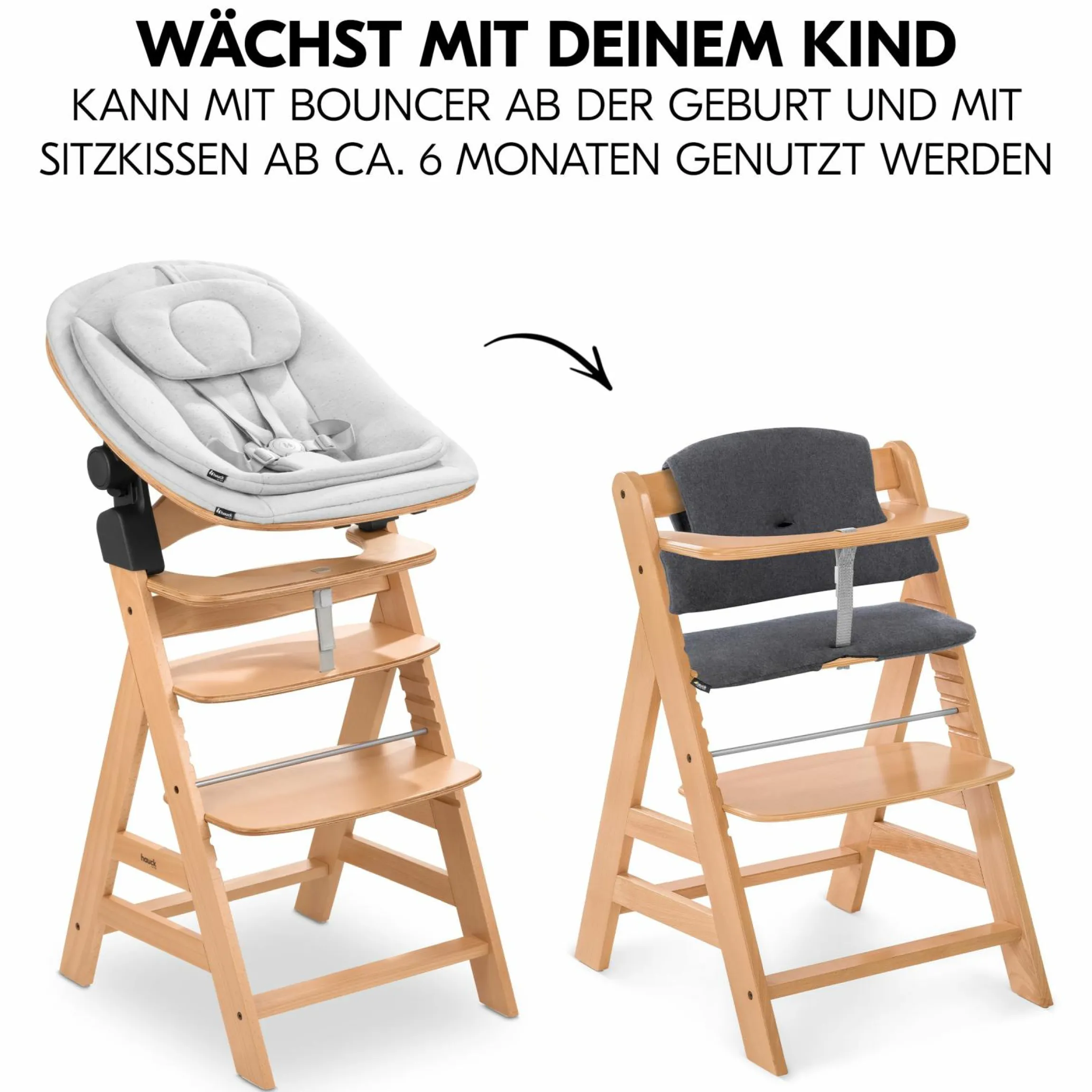 Alpha Plus Natur 4-tlg. Newborn Set Eco - Hochstuhl + 2in1 Babyaufsatz & Wippe + Sitzkissen - Light Grey / Charcoal