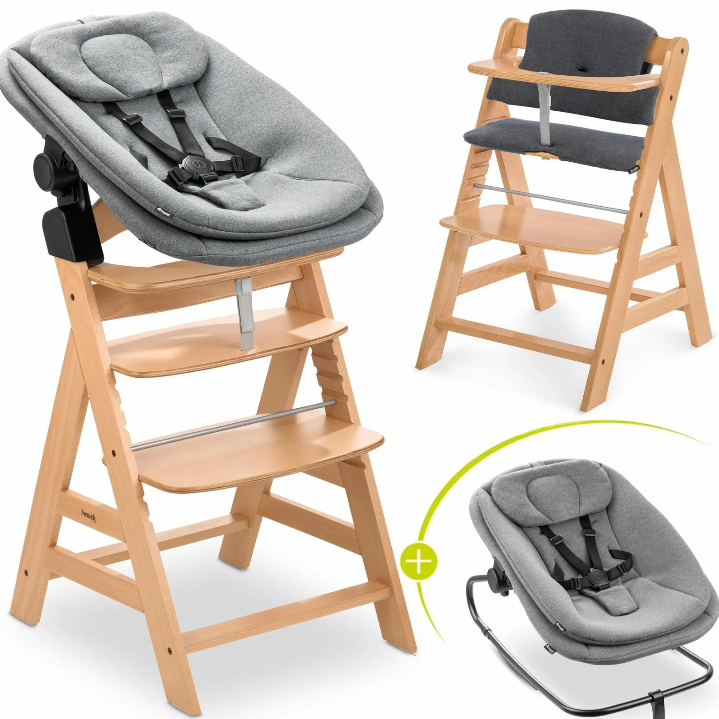 Alpha Plus Natur 4-tlg. Newborn Set - Hochstuhl + 2in1 Babyaufsatz & Wippe + Sitzkissen - Dark Grey Melange
