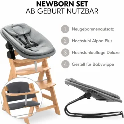 Alpha Plus Natur 4-tlg. Newborn Set - Hochstuhl + 2in1 Babyaufsatz & Wippe + Sitzkissen - Dark Grey Melange