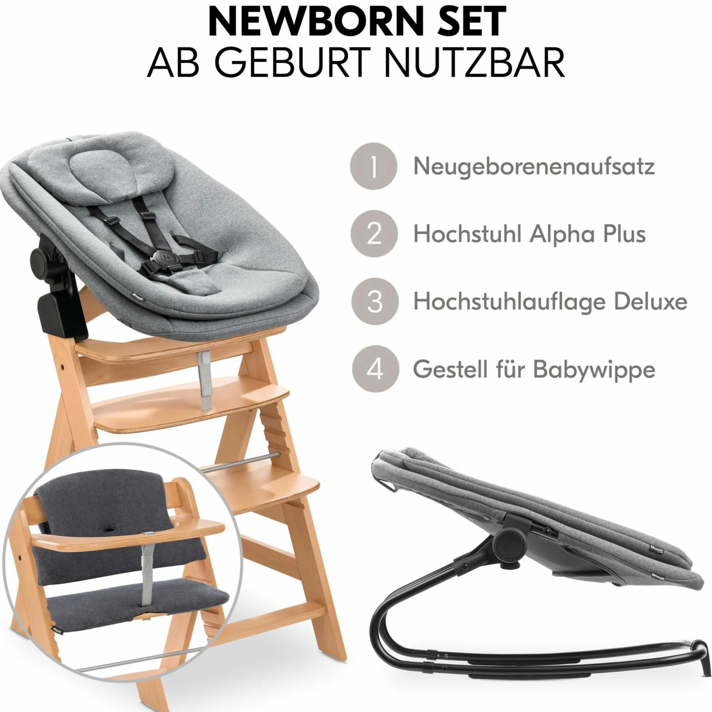 Alpha Plus Natur 4-tlg. Newborn Set - Hochstuhl + 2in1 Babyaufsatz & Wippe + Sitzkissen - Dark Grey Melange