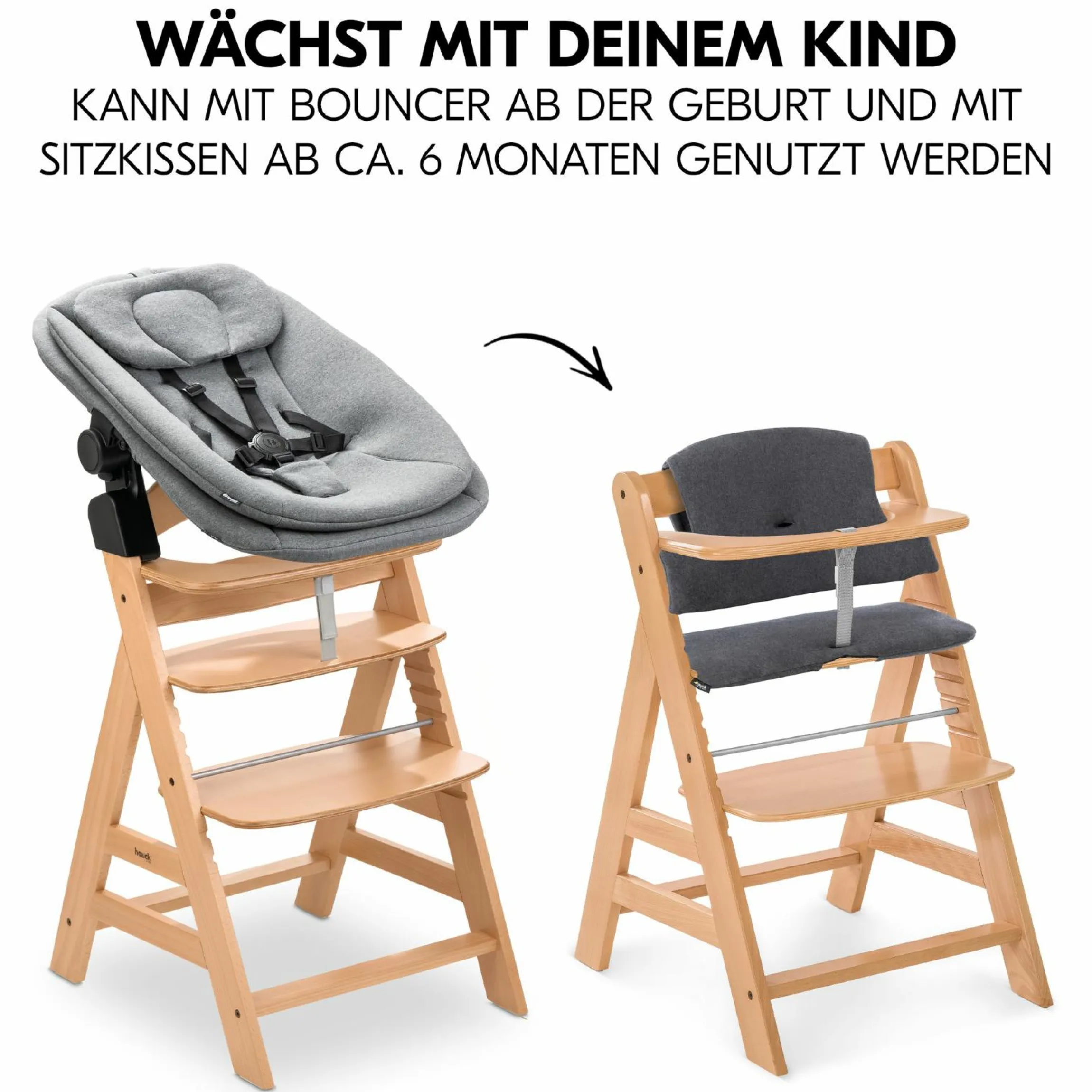 Alpha Plus Natur 4-tlg. Newborn Set - Hochstuhl + 2in1 Babyaufsatz & Wippe + Sitzkissen - Dark Grey Melange