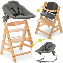 Alpha Plus Natur 4-tlg. Newborn Set - Hochstuhl + 2in1 Neugeborenen-Aufsatz & Wippe + Hochstuhlauflage - Jersey Charcoal