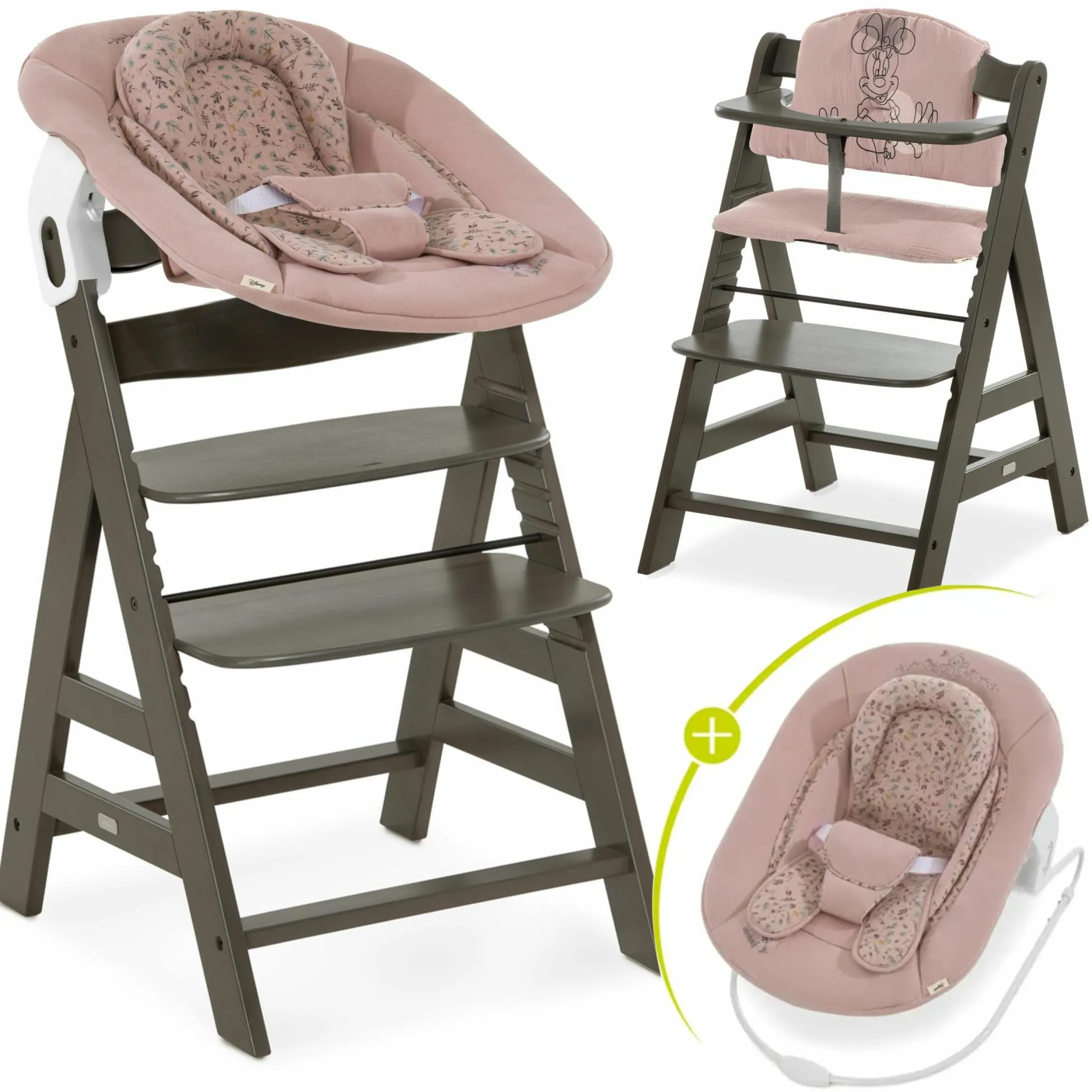 Alpha Plus Select Charcoal 4-tlg. Newborn Set Disney - Hochstuhl + 2in1 Babyaufsatz & Wippe Bambi + Sitzkissen Minnie Mouse - Rose