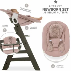 Alpha Plus Select Charcoal 4-tlg. Newborn Set Disney - Hochstuhl + 2in1 Babyaufsatz & Wippe Bambi + Sitzkissen Minnie Mouse - Rose