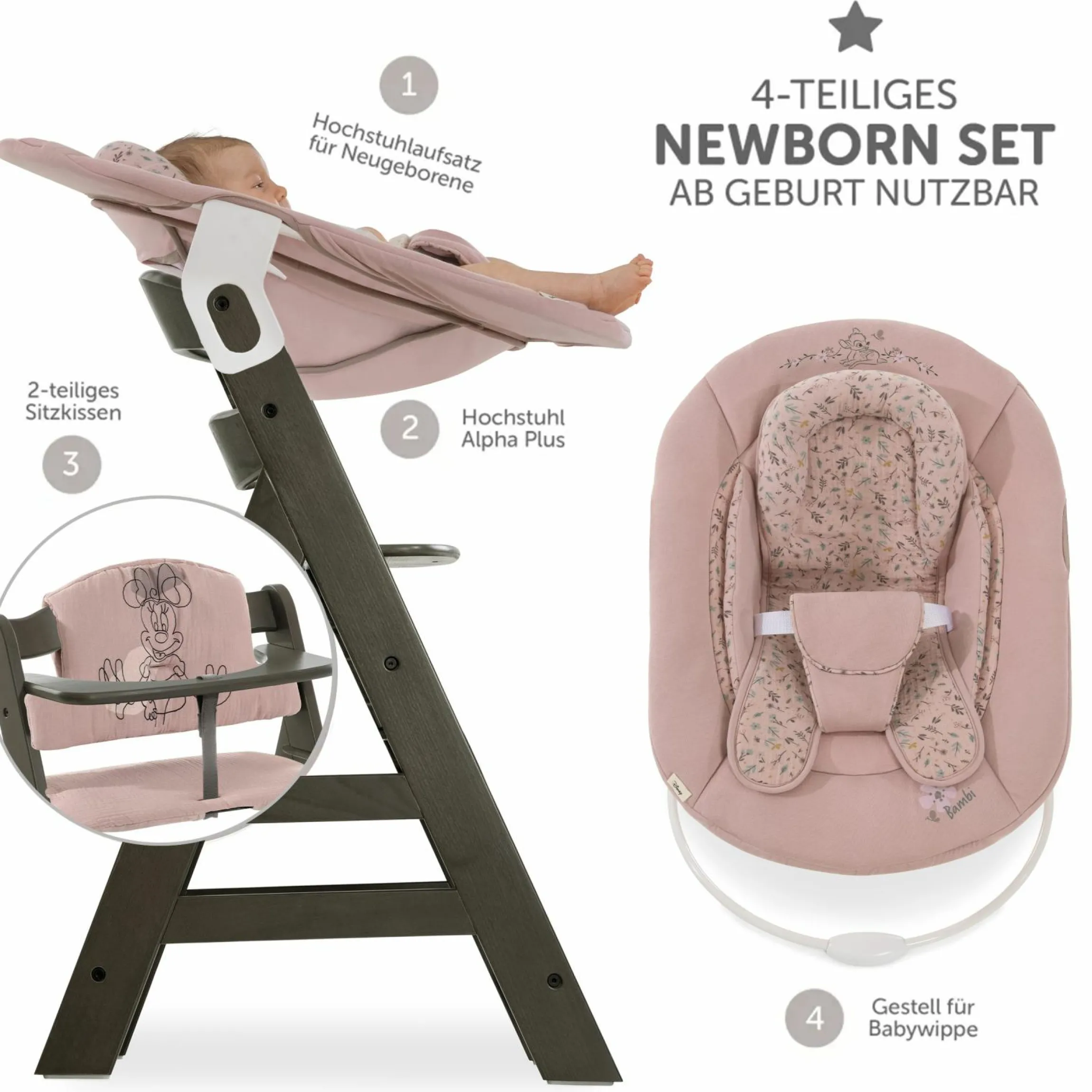 Alpha Plus Select Charcoal 4-tlg. Newborn Set Disney - Hochstuhl + 2in1 Babyaufsatz & Wippe Bambi + Sitzkissen Minnie Mouse - Rose