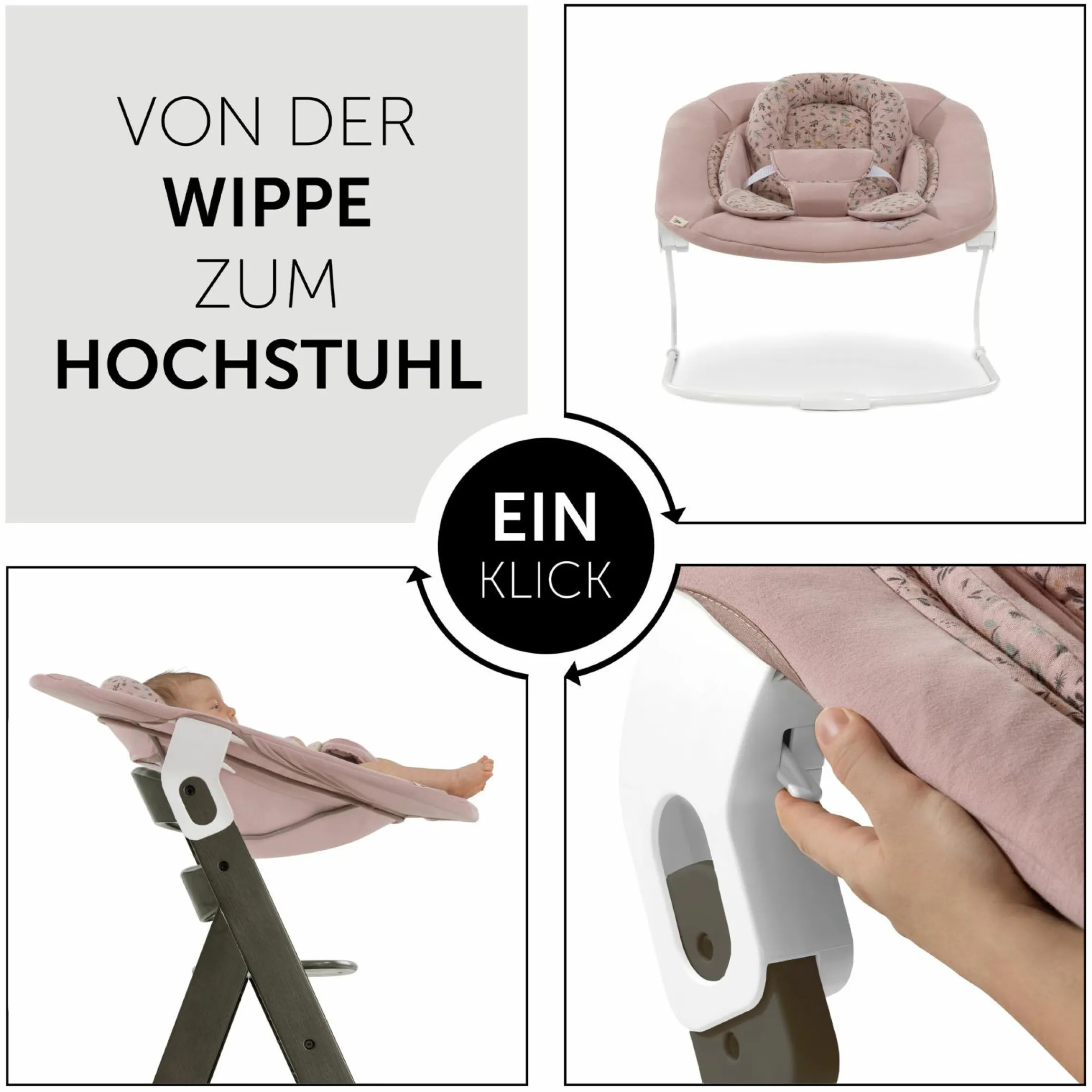 Alpha Plus Select Charcoal 4-tlg. Newborn Set Disney - Hochstuhl + 2in1 Babyaufsatz & Wippe Bambi + Sitzkissen Minnie Mouse - Rose