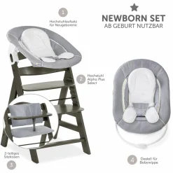 Alpha Plus Select Charcoal 4-tlg. Newborn Set - Hochstuhl + 2in1 Babyaufsatz & Wippe + Sitzkissen - Stretch Grey