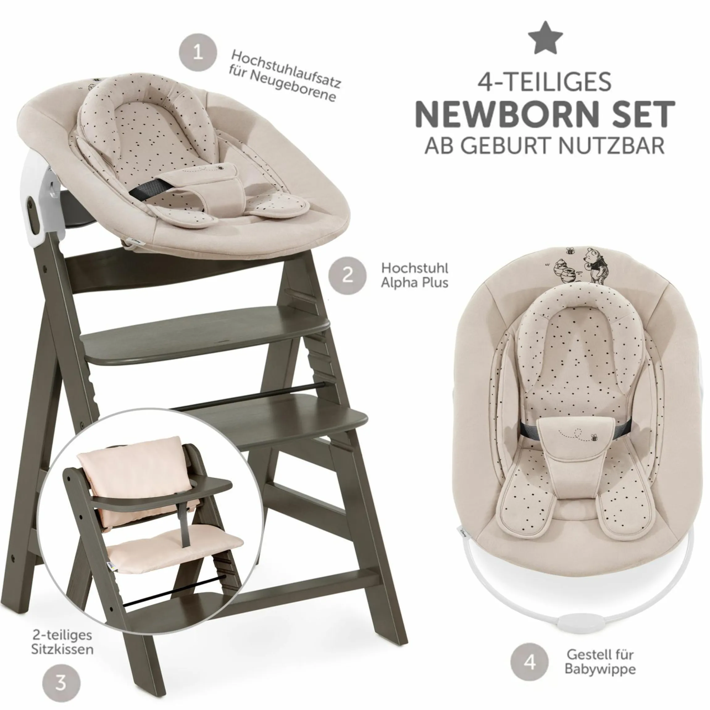 Alpha Plus Select Charcoal 4-tlg. Newborn Set Disney Pooh - Hochstuhl + Neugeborenenaufsatz + Sitzkissen Beige
