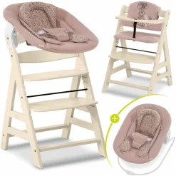 Alpha Plus Vanilla 4-tlg. Newborn Set Disney - Hochstuhl + 2in1 Babyaufsatz & Wippe Bambi + Sitzkissen Minnie Mouse - Rose