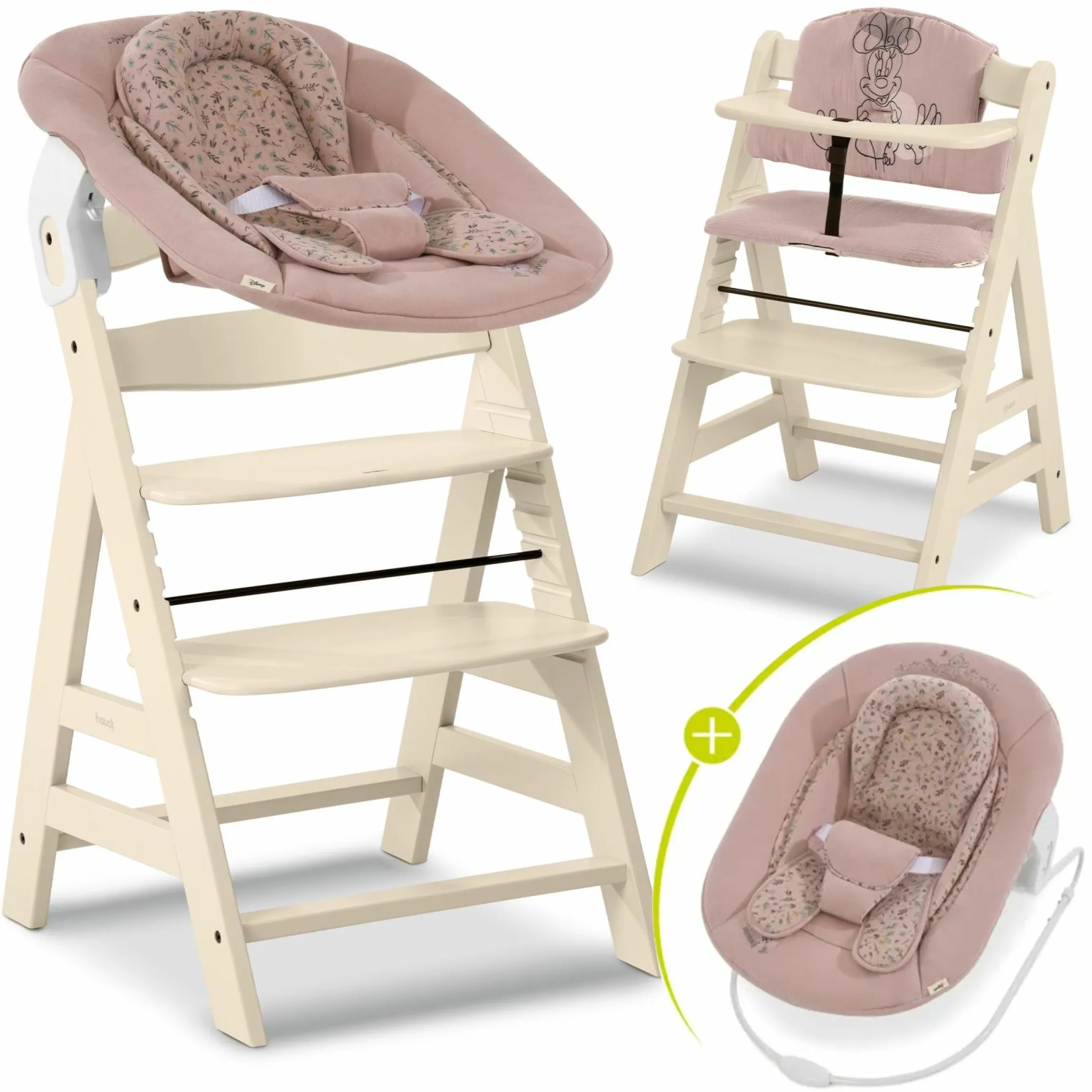 Alpha Plus Vanilla 4-tlg. Newborn Set Disney - Hochstuhl + 2in1 Babyaufsatz & Wippe Bambi + Sitzkissen Minnie Mouse - Rose