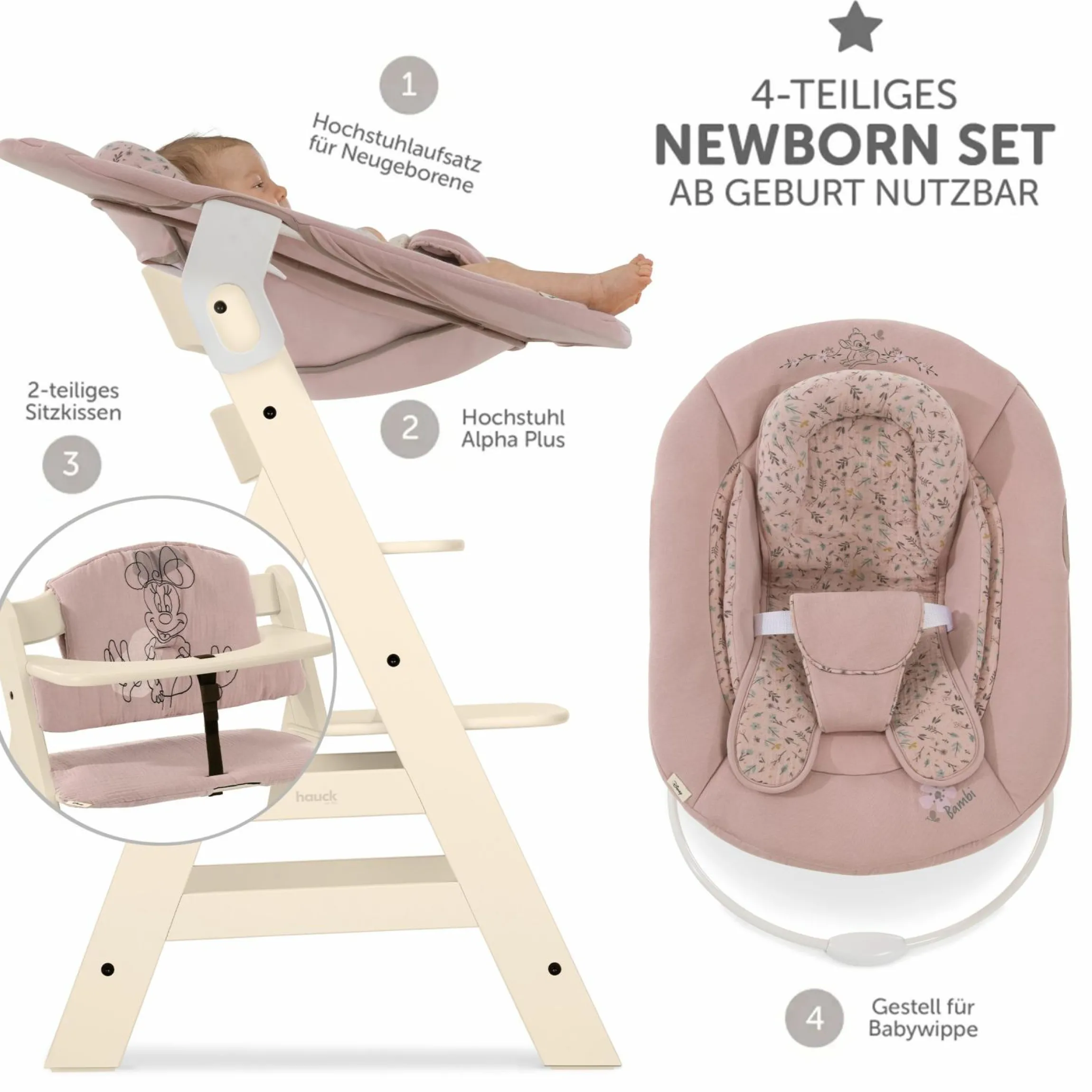 Alpha Plus Vanilla 4-tlg. Newborn Set Disney - Hochstuhl + 2in1 Babyaufsatz & Wippe Bambi + Sitzkissen Minnie Mouse - Rose