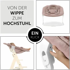 Alpha Plus Vanilla 4-tlg. Newborn Set Disney - Hochstuhl + 2in1 Babyaufsatz & Wippe Bambi + Sitzkissen Minnie Mouse - Rose