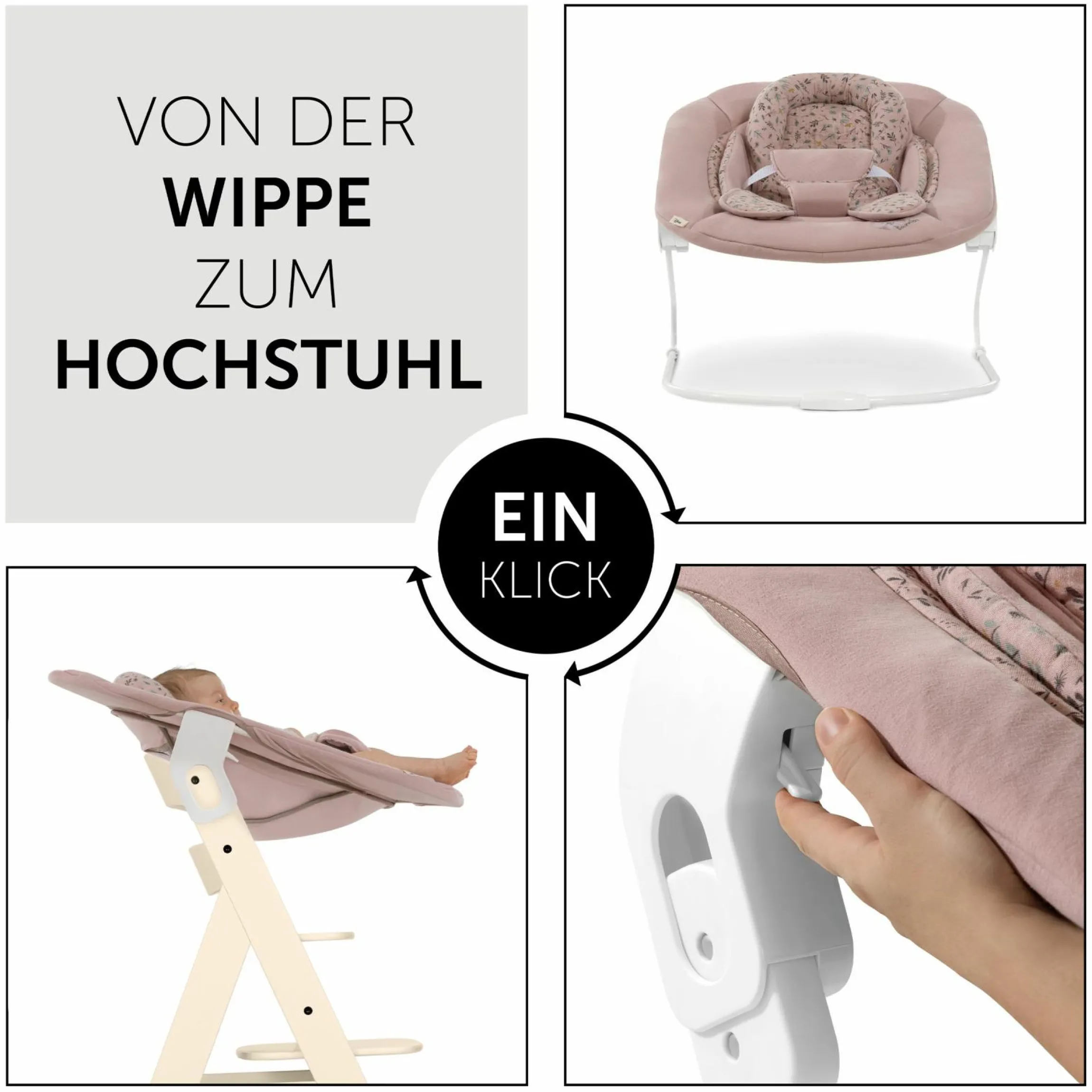 Alpha Plus Vanilla 4-tlg. Newborn Set Disney - Hochstuhl + 2in1 Babyaufsatz & Wippe Bambi + Sitzkissen Minnie Mouse - Rose