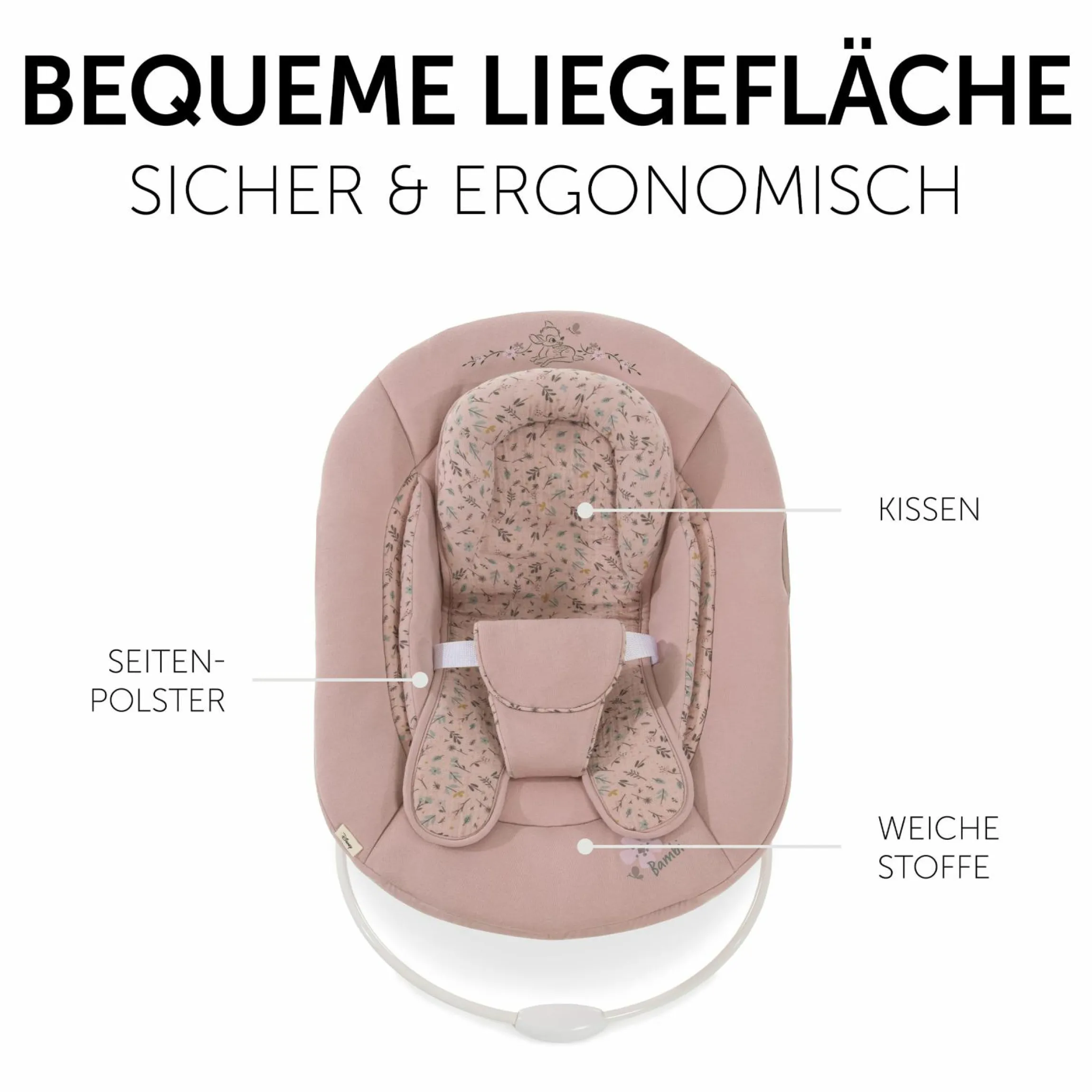 Alpha Plus Vanilla 4-tlg. Newborn Set Disney - Hochstuhl + 2in1 Babyaufsatz & Wippe Bambi + Sitzkissen Minnie Mouse - Rose