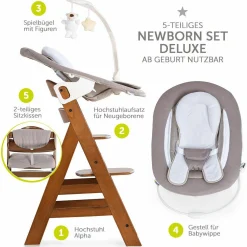 Alpha Plus Walnut Newborn Set Deluxe - 4-tlg. Hochstuhl + Neugeborenenaufsatz (Rückenlehne verstellbar) + Sitzkissen