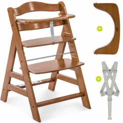 Alpha Plus Walnut Newborn Set - 4-tlg. Hochstuhl + Neugeboreneneinsatz & Wippe Stretch Beige + Sitzpolster