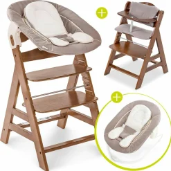 Alpha Plus Walnut Newborn Set - 4-tlg. Hochstuhl + Neugeborenenaufsatz & Wippe Stretch Beige + Sitzkissen