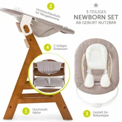 Alpha Plus Walnut Newborn Set - 4-tlg. Hochstuhl + Neugeborenenaufsatz & Wippe Stretch Beige + Sitzkissen