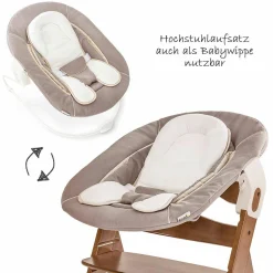 Alpha Plus Walnut Newborn Set - 4-tlg. Hochstuhl + Neugeborenenaufsatz & Wippe Stretch Beige + Sitzkissen