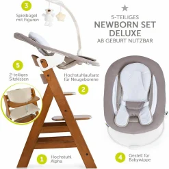 Alpha Plus Walnut Newborn Set Deluxe - 4-tlg. Hochstuhl + 2in1 Neugeboreneneinsatz (verstellbar) + Sitzpolster